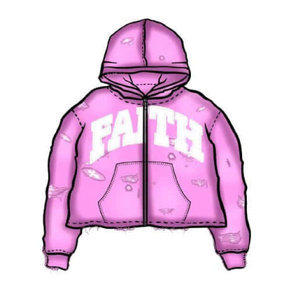 Distressed washed pink zip-up hoodie with "FAITH" embroidery, cropped box fit, artistic distressing, and sun-washed design.