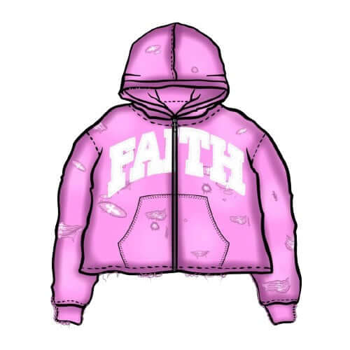 Distressed washed pink zip-up hoodie with "FAITH" embroidery, cropped box fit, artistic distressing, and sun-washed design.