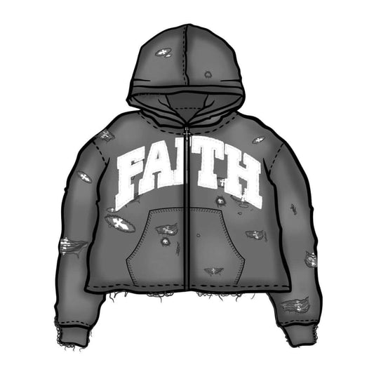 Edgy Distressed Zipup Washed Grey Hoodie with Bold "Faith" Embroidery, Crop Box Fit, Superior Comfort - Premium French Terry Fabric